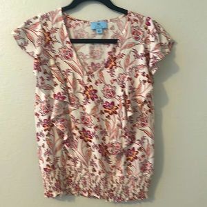 CeCe Floral Print Ruffle Blouse